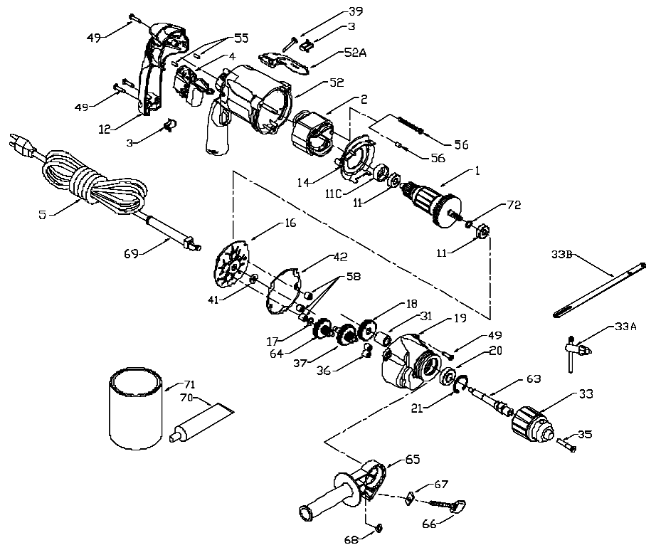Default Diagram and Parts List for PC2610 Type 1 Porter Cable Boring Machine